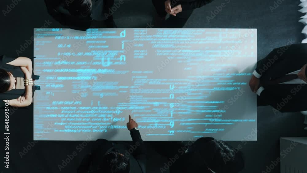 Poster top down aerial view of professional business team share idea about coding prompt or programing engi