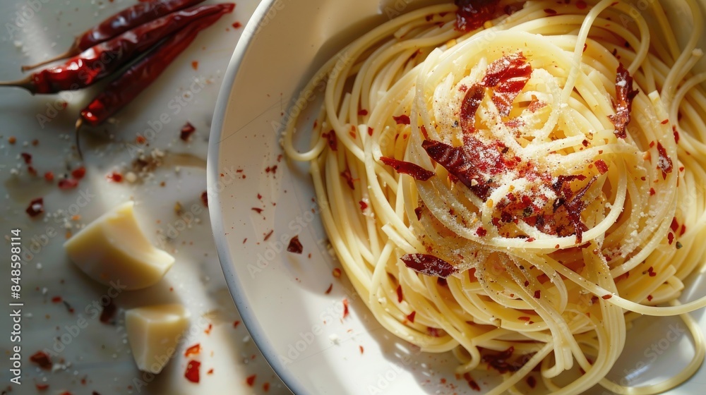 Poster Breakfast comprised of spaghetti and dried chili