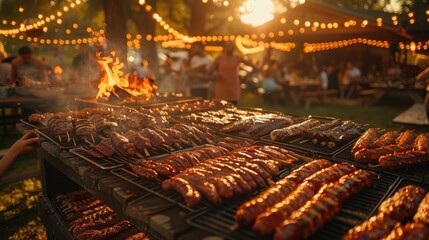An evening barbecue with a variety of grilled meats under string lights, creating a warm and inviting atmosphere.