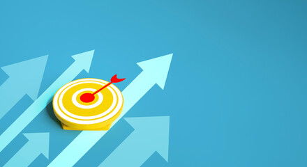 A yellow target with a red arrow pointing to it is on a blue background.