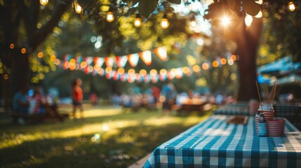 Festive outdoor picnic setting with string lights, bunting, and checkered tablecloth in a park during the evening.