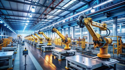 Fototapeta premium The Picture Shows An Automated Production Line With Robotic Arms. The Factory Of The Future.