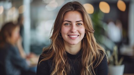 Obraz premium A young woman with a friendly smile sitting in a modern café, enjoying a relaxed atmosphere and casual conversation.