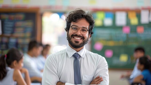 A confident male teacher smiling in a classroom, standing with arms crossed, representing education and teaching profession.