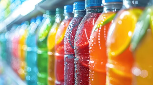 Rows of colorful bottled drinks on a refrigerated shelf in a store, showcasing a variety of flavors and refreshing options.