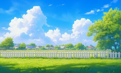  Green Grass Lawn with Short Hedges and White Picket Fence in the Background under Cloudy Sky - Tranquil Outdoor Setting