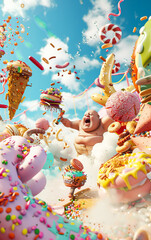  a Fat Man in a 3D Reality environment made of junk food, Advertising Poster