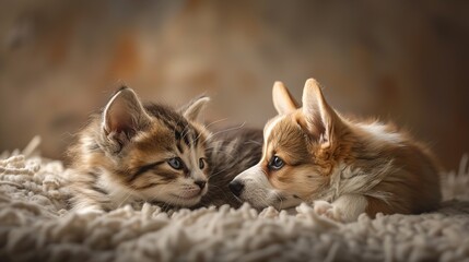 Obraz premium High-detail image of a pair of adorable newborn kittens and a Welsh Corgi lying in a corner, looking at each other. Captured in profile view, they appear fluffy and jewel-like, bathed in soft lighting