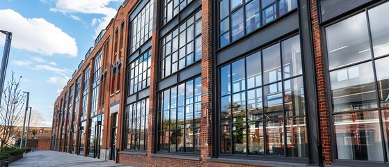 Obraz premium Old brick buildings with tall windows and red accents, adding character to the urban landscape