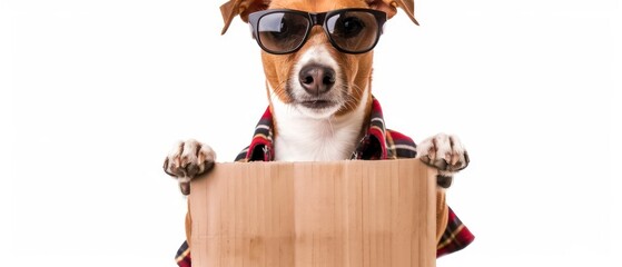 dog in a trendy plaid shirt and sunglasses, holding a blank cardboard sign on a white background