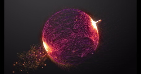 Image of light trails and spots forming globe on black background