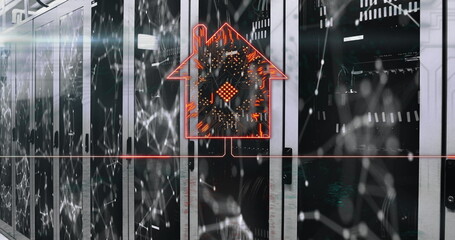 Image of house formed with computer circuit board and data processing over servers