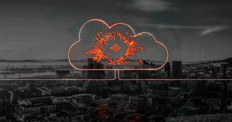 Image of cloud with flames and glowing motherboard over data processing and cityscape