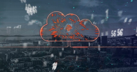Image of cloud with flames and glowing motherboard over data processing and cityscape