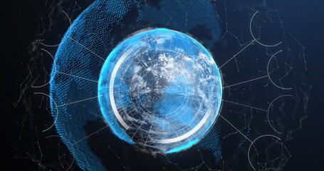 Image of digital data processing with connections over globe