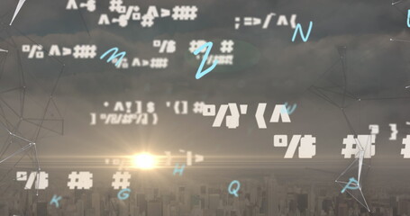 Image of statistics symbols and letters over network of city