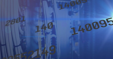 Image of binary coding data processing over server rack