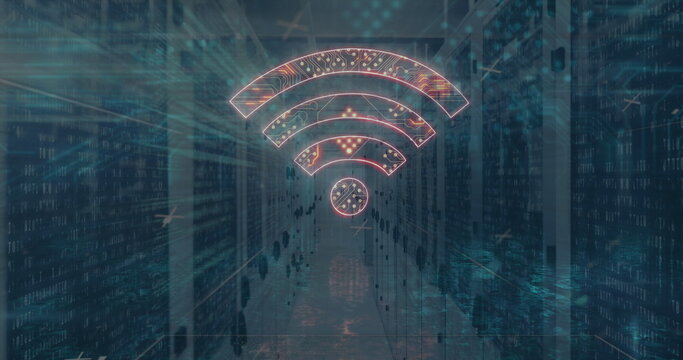 Image of wifi icon formed with computer circuit board and data processing over servers - Powered by Adobe