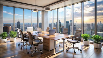Fototapeta premium Modern Office Interior With Large Windows And City View.