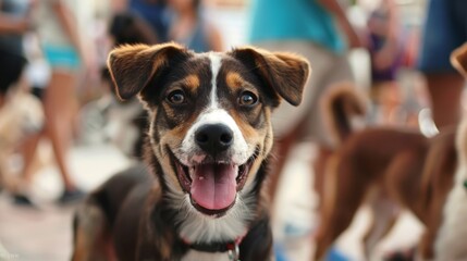 Unfocused shot of wagging tails and friendly faces at the bustling pet adoption event.