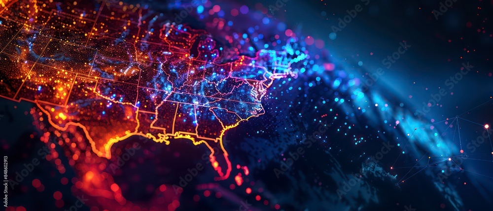 Sticker illustration of USA surrounded by digital data networks and communication lines