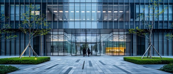 modern glass skyscraper in the city with steel facade, reflecting the sky and street