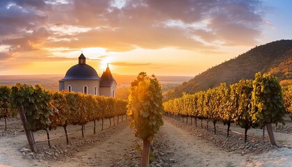 black grape on vineyards background winery at sunset panoramic view banner
