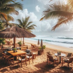 cozy bohemian-style beach cafe with colorful cushions, macram&eacute; hangings, low tables, and a relaxed, artsy vibe, situated right by sea