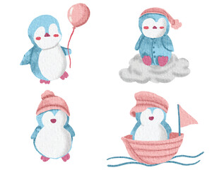 Cute Penguin Bird Watercolor Set