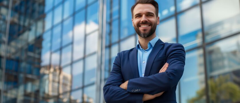 A businessman standing in front of a cityscape, exuding confidence and ambition