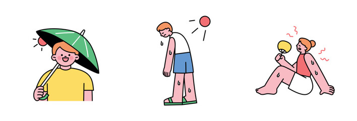 Global warming. Hot summer, a person wearing a yangshan, a person standing in sweat, a person fanning himself. outline simple vector illustration.