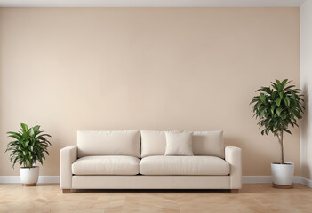 blank beige wall living room interior with sofa, potted plant and copy space