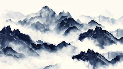 landscape in the morning, ink painting depicts many mountain peaks surrounded by clouds and mist © CHAIYAPHON