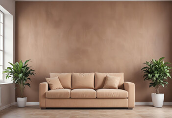 modern brown living room interior with sofa, potted plant and copy space