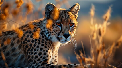 Majestic cheetah staring wild beauty in nature, AI Generative.