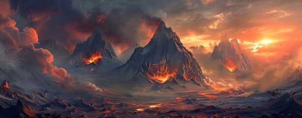Dramatic volcanic landscape with erupting mountains under fiery skies and glowing lava flows. Nature concept
