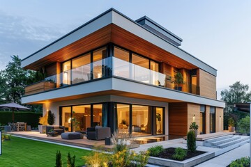 Fototapeta premium A large wooden house with a black roof and a large glass window