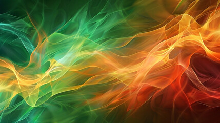 Obraz premium Background image of frequency waves, in colors green, orange, yellow, red. A black background