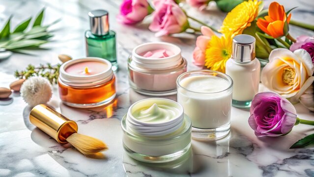 Natural Skincare Products With Flowers On Marble Background.