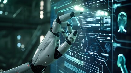 Fototapeta premium Hand robot working over the interface virtual screen to check status and control in intelligent factory industrial with icon and data exchange in manufacturing. automation robot arms machine using AI