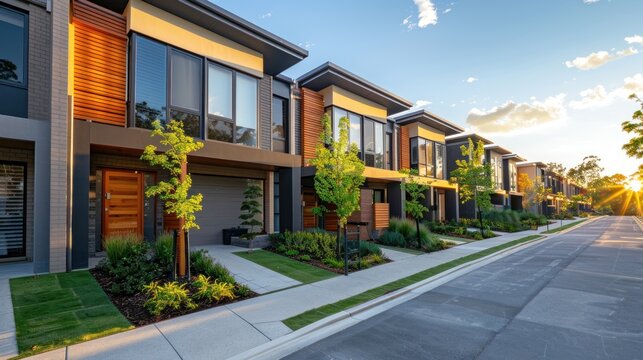 A row of modern residential town homes or townhouses in Melbourne's suburb, VIC Australia. Concept of real estate development - Powered by Adobe
