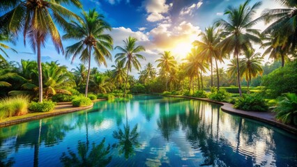 Obraz premium Serene summer scene featuring a tranquil blue pool surrounded by lush greenery and tall palm trees under a bright sunny sky.