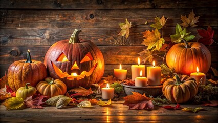 Autumnal ambiance prevails in this serene still life, featuring candlelit jack-o'-lanterns aglow amidst autumn leaves and eerie shadows on a rustic wooden table.