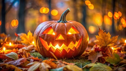 Vibrant orange illuminated carved pumpkin with intricate triangular eyes and sinister grin surrounded by autumnal leaves and eerie twilight ambiance.