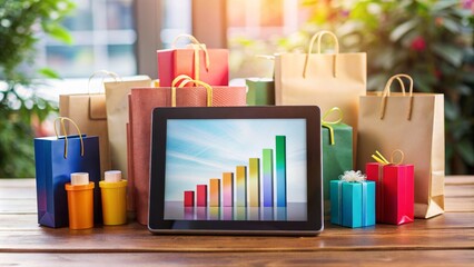 Colorful tablet screen displaying rising sales graph amidst scattered shopping bags and products, surrounded by elegant decorations, conveying online business success.