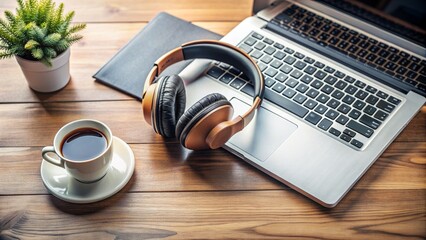 A modern wireless headphones rest on a laptop keyboard, surrounded by scattered notes and coffee cups, amidst a cluttered desk workspace setup.