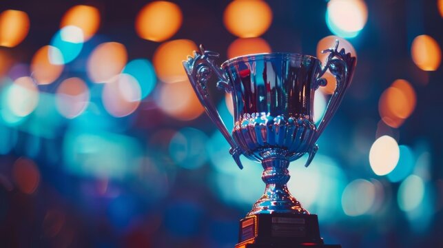 Defocused view of the trophy or championship cup waiting to be claimed by the winning team.