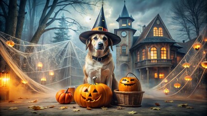 Spooky haunted house backdrop with ghostly mist, a dog in a witch's hat holding a trick-or-treat bucket, surrounded by cobwebs and jack-o'-lanterns.
