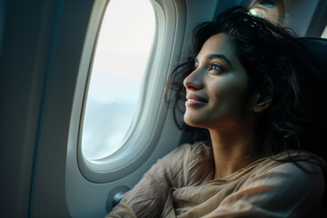 Close-up photo of a woman in her passenger seat on an airplane, looking out the window with a smile