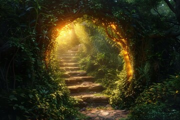 A forest with a large archway leading to a mysterious place